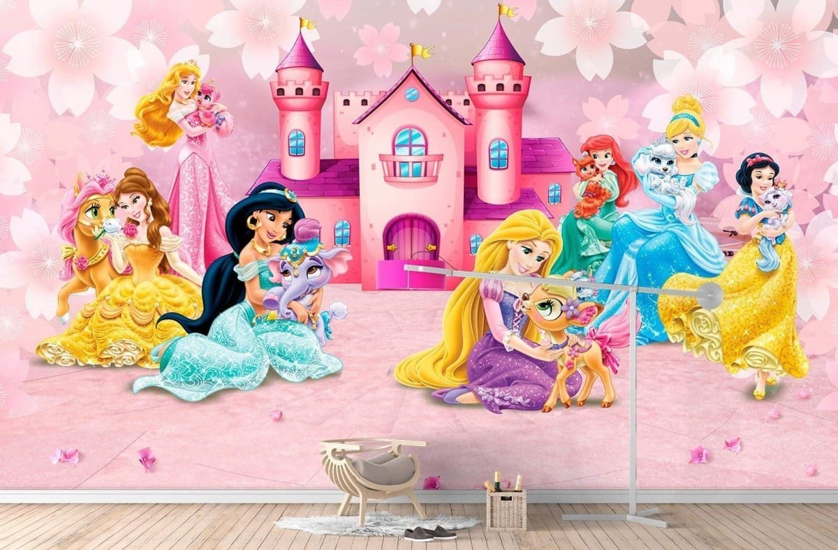Fototapet 3d Art.Desig Prințesă cu flori pe fond roz
