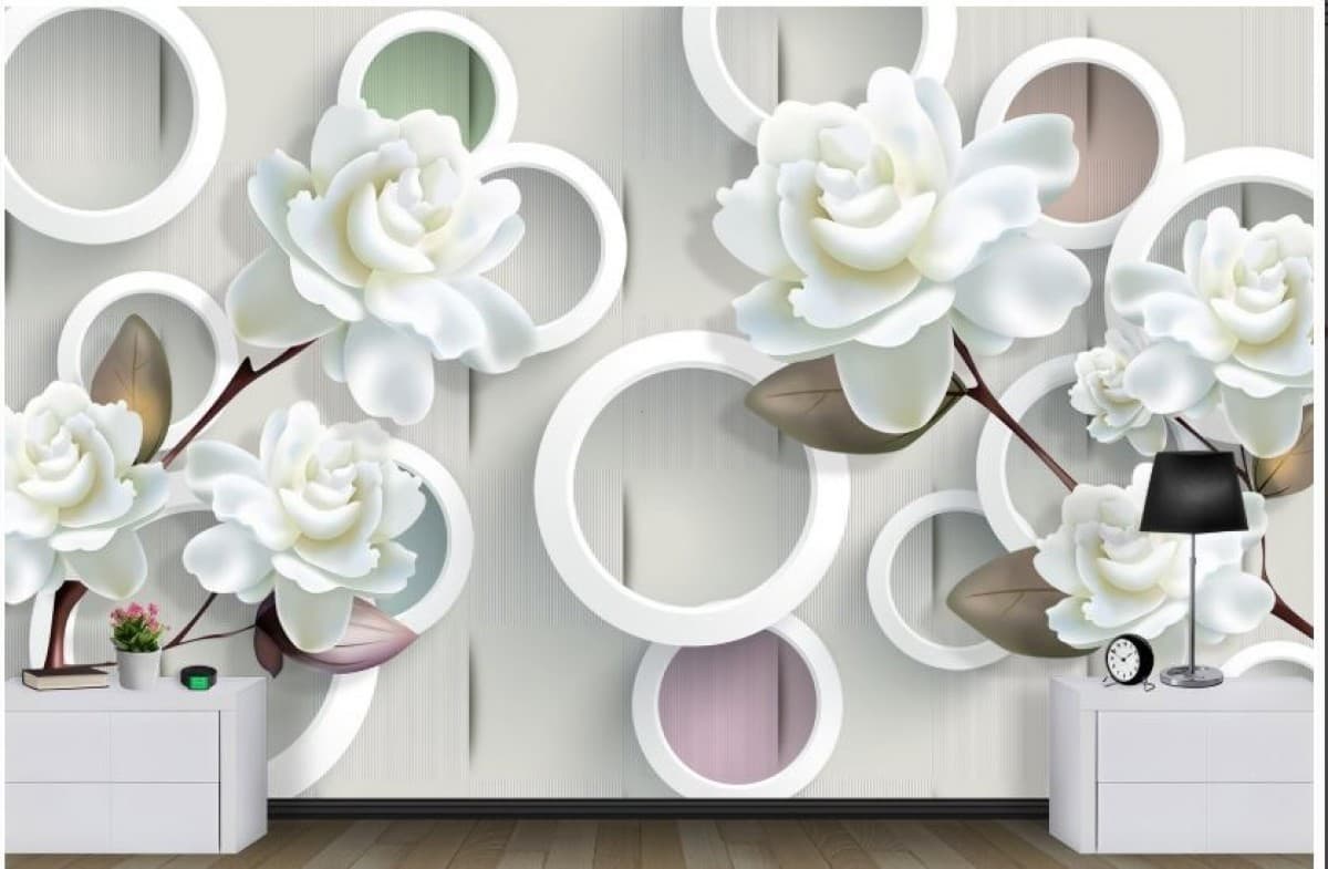 Fototapet 3d Art.Desig Cercuri si flori albi