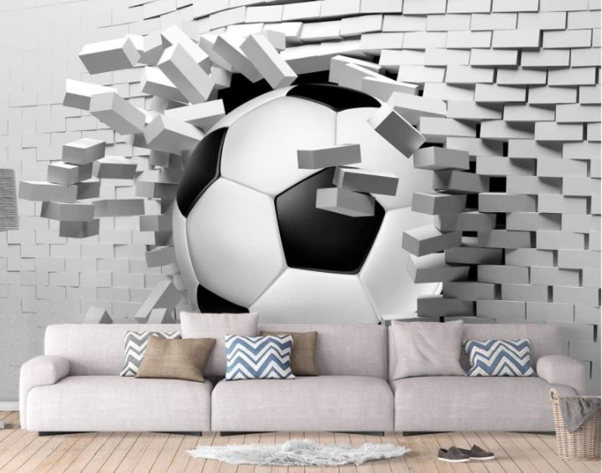 Fototapet 3d Art.Desig Peretele spart cu o minge de fotbal