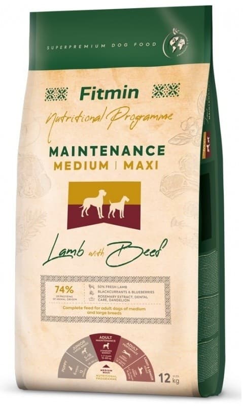 Hrană uscată pentru câini Fitmin Maintenance Medium/Maxi Lamb & Beef 12kg