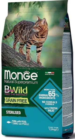 Сухой корм для кошек Monge BWILD GRAIN FREE STERILISED Tuna/Peas 1.5kg