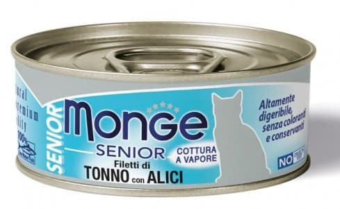 Hrană umedă pentru pisici Monge JELLY Can Yellowfin Tuna/Whitebait SENIOR 80gr