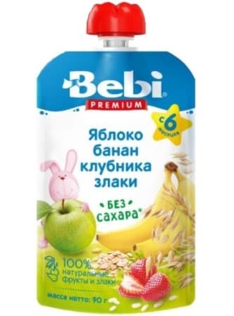 Пюре для детей Bebi Премиум яблоки/бананы/клубника/крупы (6 м+) 90 гр