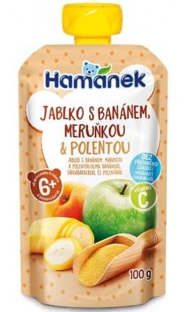 Piure pentru copii Hamanek Mere/banane/caise/terci de porumb 100 gr (6m+)