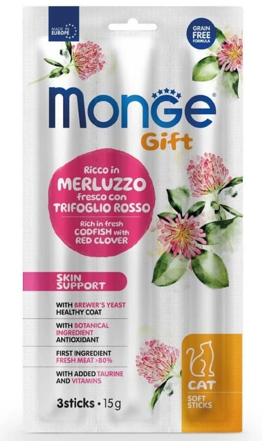 Сухой корм для кошек Monge GIFT SOFTSTICKS SKIN Codfish/Red clover 15gr