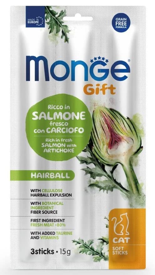 Нrană uscată pentru pisici Monge GIFT SOFTSTICKS HAIRBALL Salmon/Artichoke 15gr