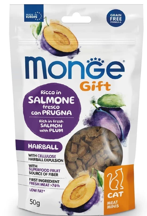 Нrană uscată pentru pisici Monge MEATMINIS HAIRBALL Salmon/Plum 50gr