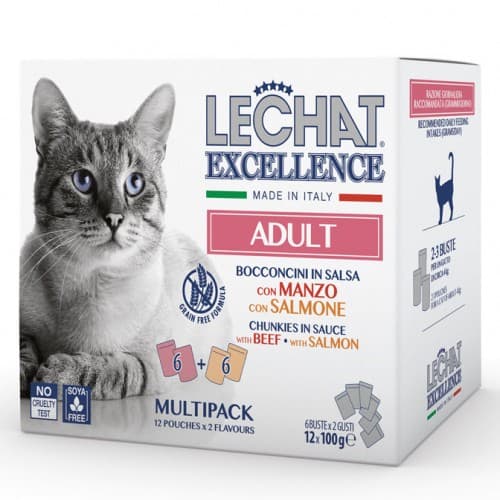 Hrană umedă pentru pisici Monge LECHAT EXCELLENCE MULTIBOX ADULT Beef/Salmone 12x100gr