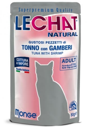 Влажный корм для кошек Monge LECHAT NATURAL Pouch Tuna and shrimps 80gr