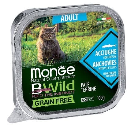 Hrană umedă pentru pisici Monge BWILD ADULT Anchovies/Vegetables 100gr