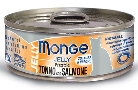 Hrană umedă pentru pisici Monge JELLY Can Yellowfin Tuna with Salmon 80gr