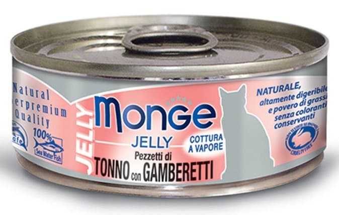 Hrană umedă pentru pisici Monge JELLY Can Yellowfin Tuna with Shrimp 80gr