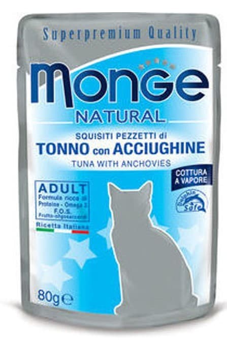 Hrană umedă pentru pisici Monge NATURAL Pouch Tuna with anchovies in jelly 80gr