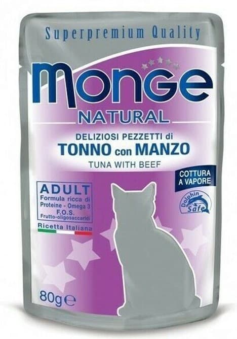 Hrană umedă pentru pisici Monge NATURAL Pouch Tuna with beef in jelly 80gr