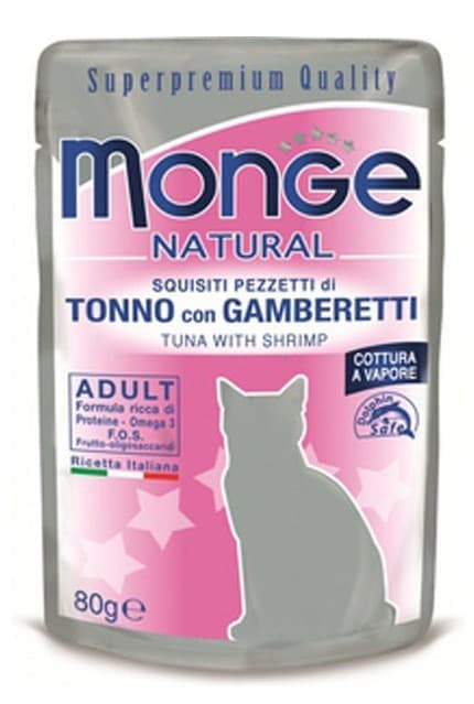 Hrană umedă pentru pisici Monge NATURAL Pouch Tuna with shrimps in jelly 80gr