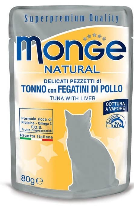 Hrană umedă pentru pisici Monge NATURAL Pouch Tuna Chicken with liver in jelly 80gr