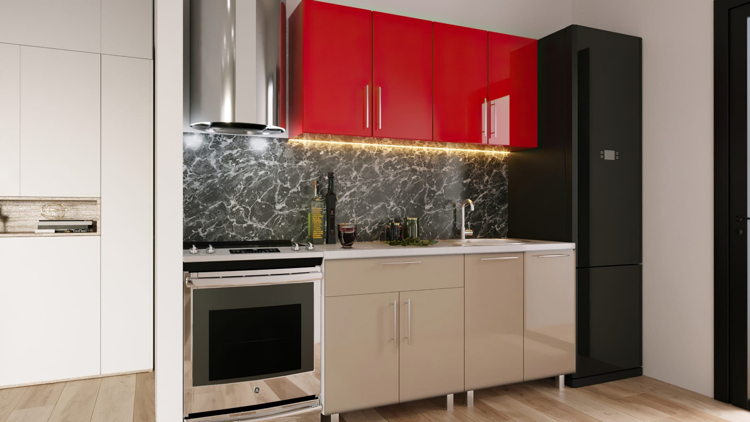 Bucatarie PS Mini (High Gloss) 1.6 m Red/Cappuccino