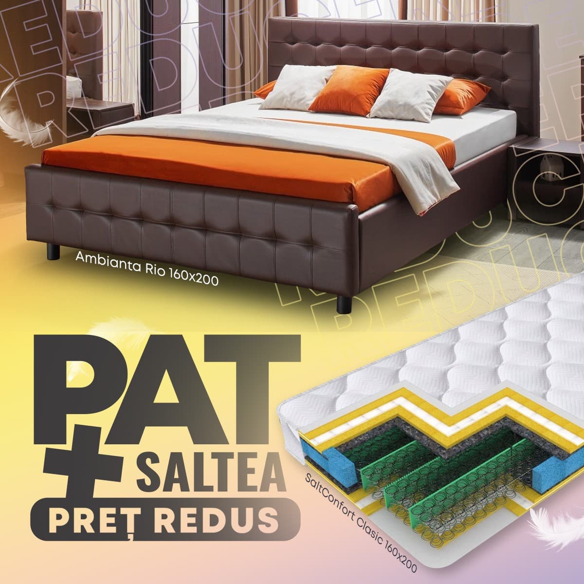 Pat Ambianta Rio 1.6 m Sonoma Inchis + Saltea Salt Confort Clasic 160x200, tapitat, de 2 persoane