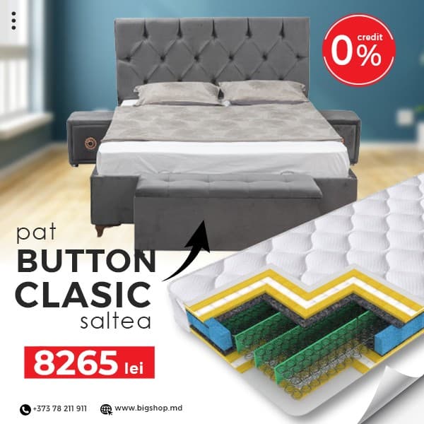 Pat VLM Button-2 (156931)+ Clasic 160x200 (55586), tapitat, de 2 persoane, cu saltea