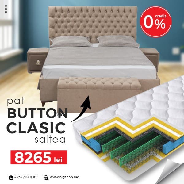 Pat VLM Button-1 (156930)+ Clasic 160x200 (55586), tapitat, de 2 persoane, cu saltea