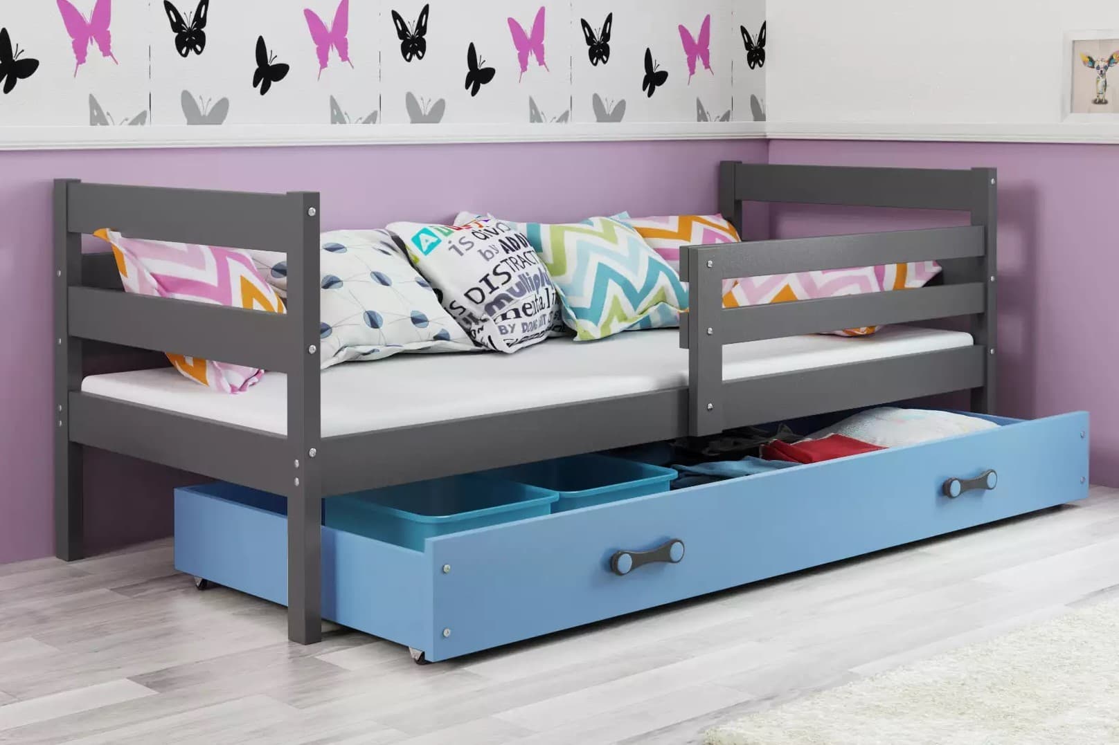 Pat copii BMS Group Eryk sertar/saltea 80x190 Graphite/Blue