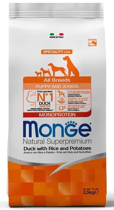 Hrană uscată pentru câini Monge ALL BREED PUPPY Duck/Rice/Potatoes 2.5kg