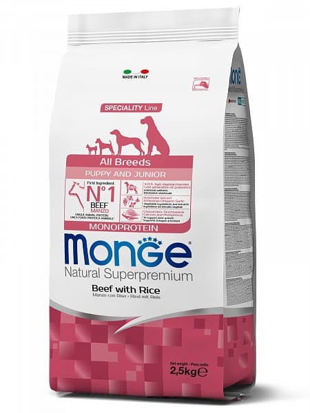 Hrană uscată pentru câini Monge ALL BREED PUPPY Beef/Rice 2.5kg