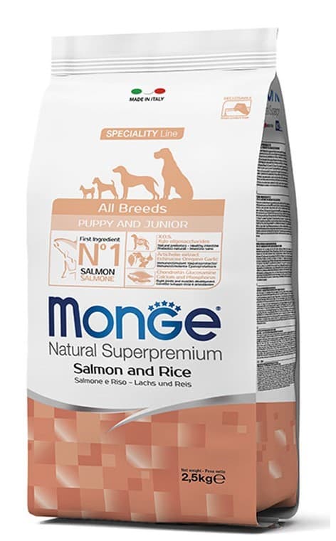 Hrană uscată pentru câini Monge ALL BREED PUPPY Salmone/Rice 2.5kg