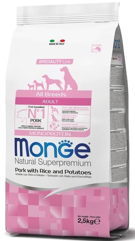 Hrană uscată pentru câini Monge ALL BREED ADULT Pork/Rice/Potatoes 2.5kg