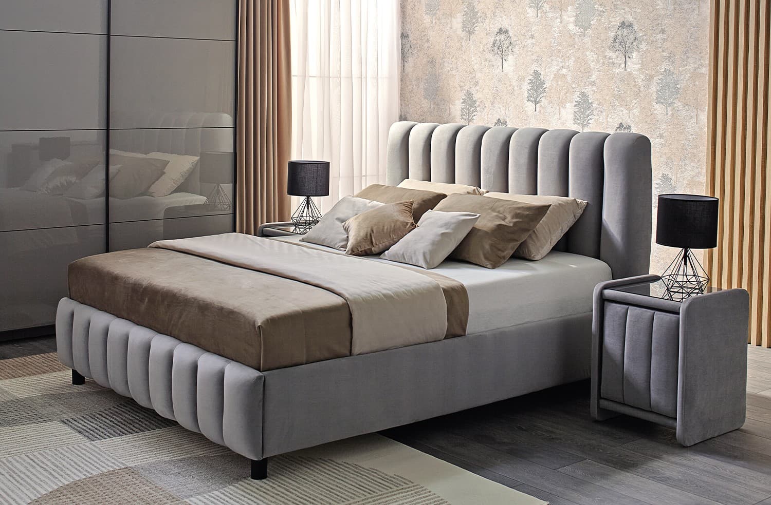 Pat Ambianta Fancy 1.4 m Gri, tapitat, de 2 persoane