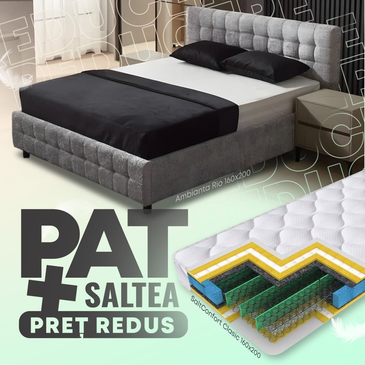 Pat Ambianta Rio 1.6 m Grafit + Saltea Salt Confort Clasic 160x200, tapițat, de 2 persoane